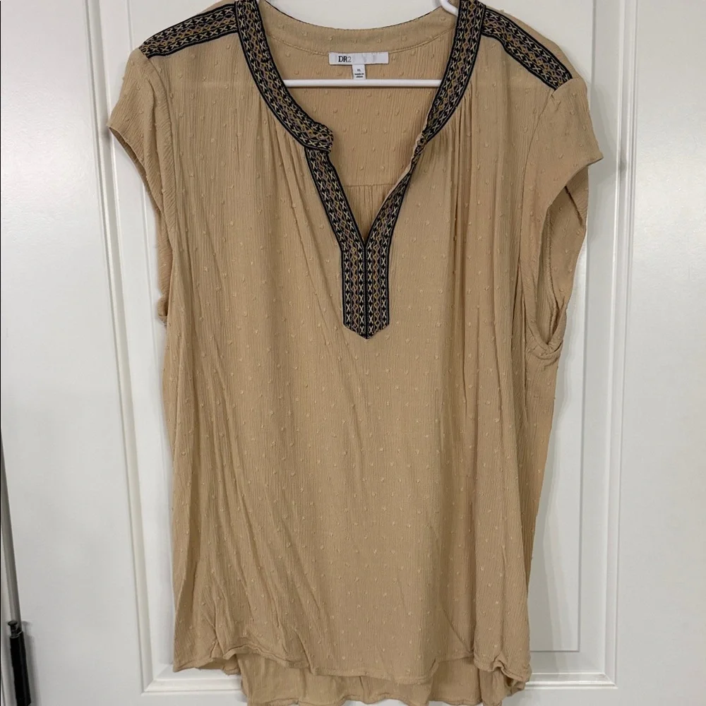 DR2 Beige Tan Embroidered V-Neck Tunic - Picture 1 of 8